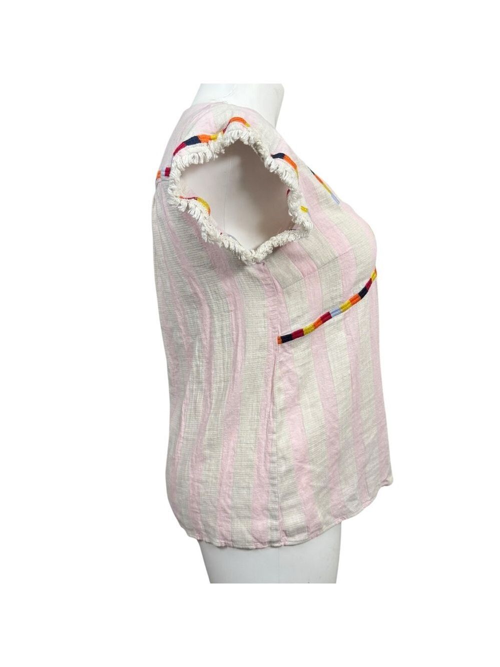 THML White Pink Stripe Multicolor Embroidered Short Sleeve Top L - Picture 4 of 9